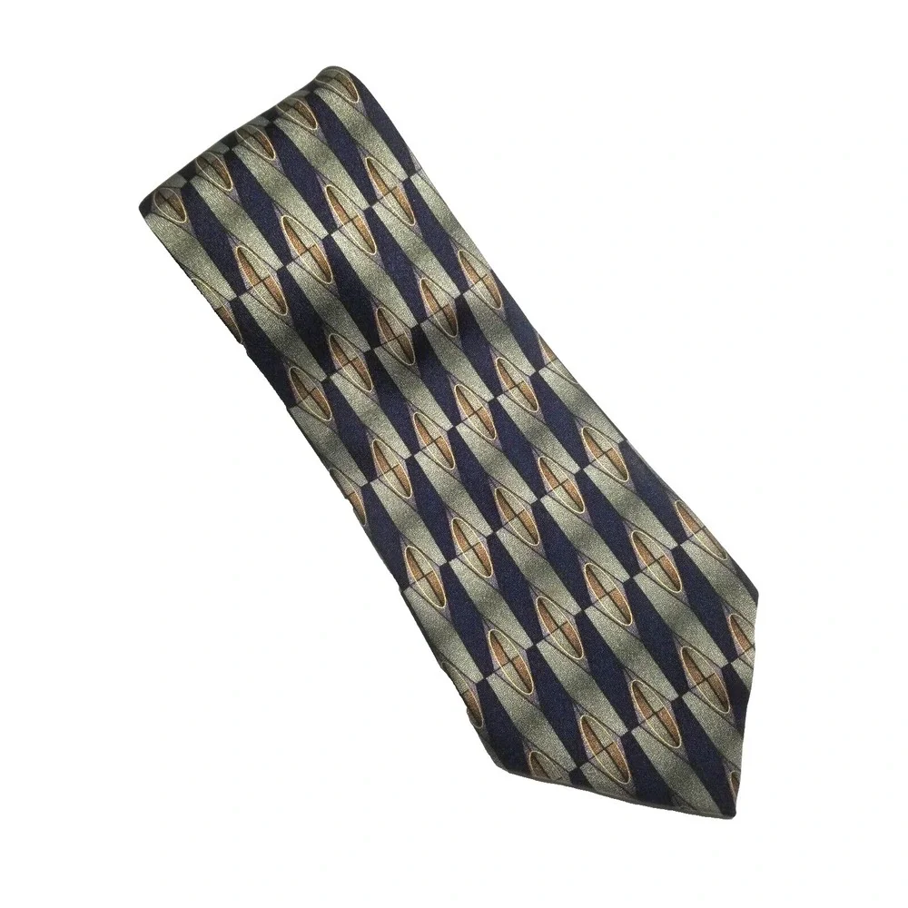 Antonia Collection Handmade Silk Geometric‎ Long Pointed Tie Blue/Green/Gold